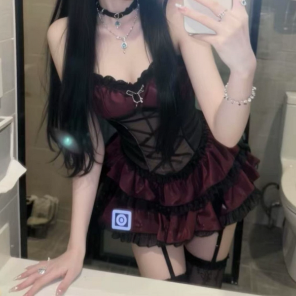 Ruched lace hem v neck cami mini dress