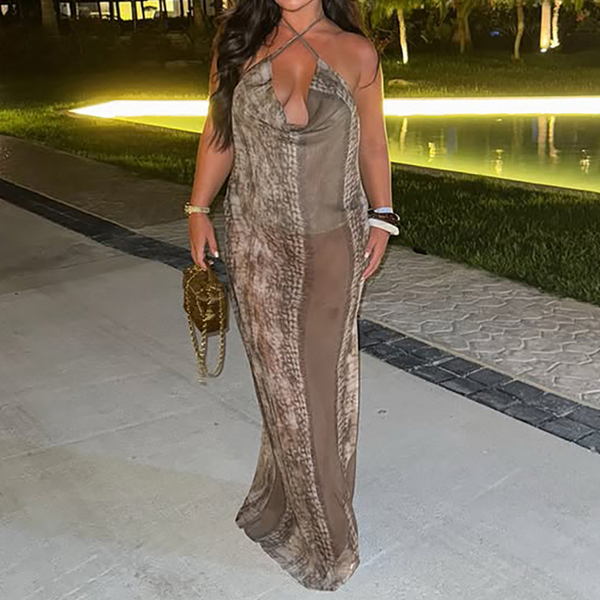 Cross front cowl neck slit print mini dress