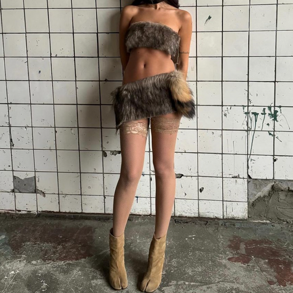 Fluffy backless contrast tube mini skirt set