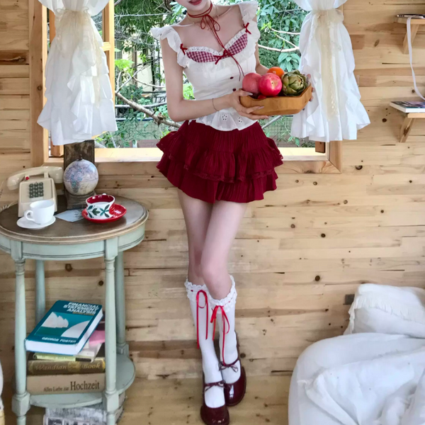 Cap sleeve plaid lace hem bowknot mini skirt set