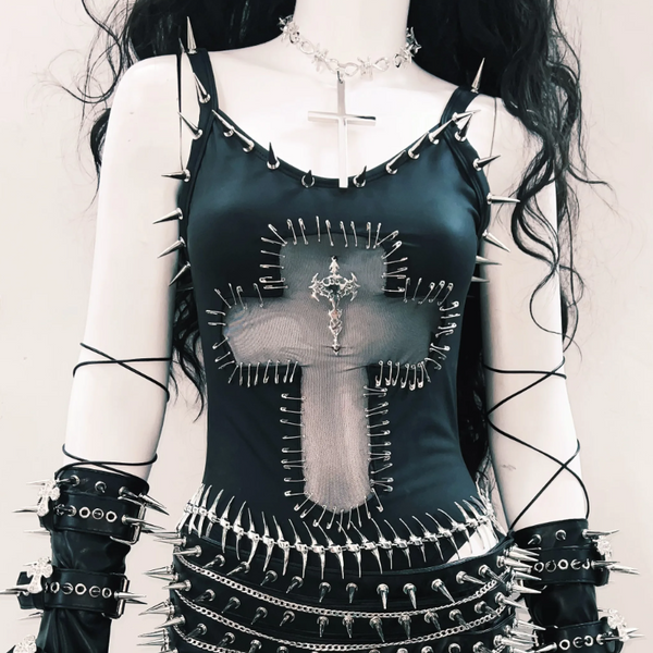 Mesh u neck rivet applique cami bodysuit