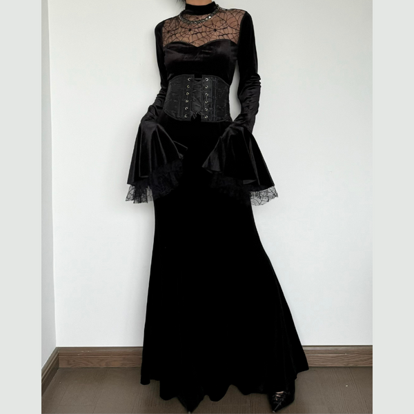 Long flared sleeve velvet patchwork spider web maxi dress