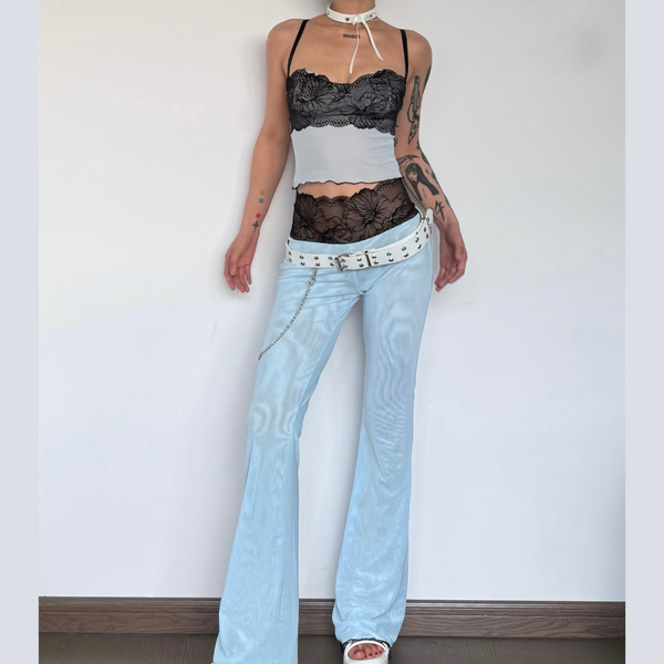 Lace mesh ruffle sweetheart neck cami pant set