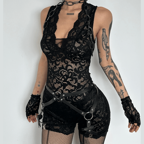 Deep v neck lace gloves see through romper