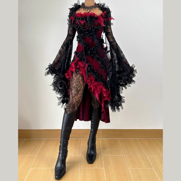 Long flared sleeve lace flower applique irregular mini dress