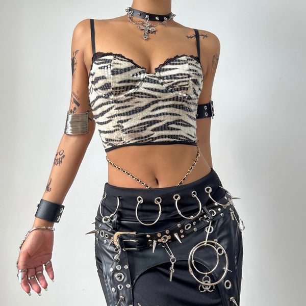 Leopard print glitter notch neck lace hem cami top