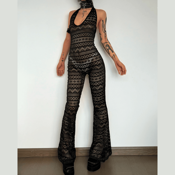 Halter low cut hollow out see through backless jumpsuit