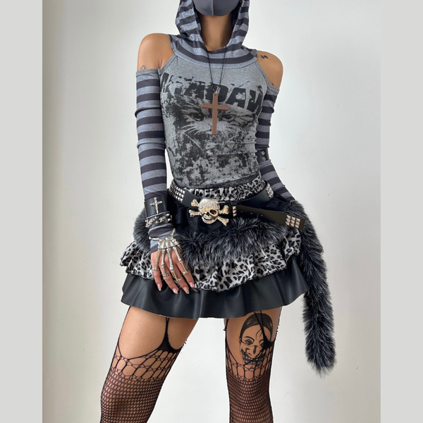 Hoodie long sleeve hollow out leopard print ruffle mini skirt set