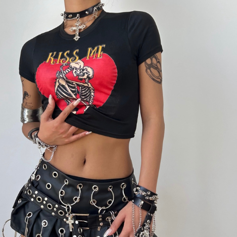 Skeleton Kiss Crop Top Baby Tee