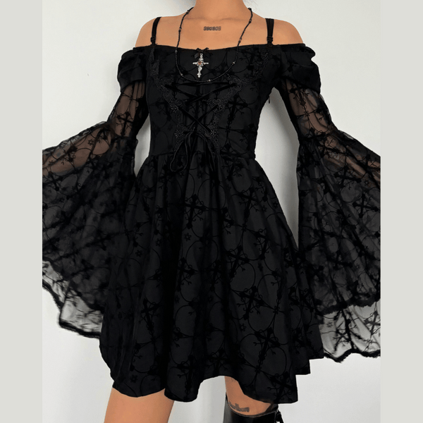 Long flared sleeve off shoulder cross applique mini dress