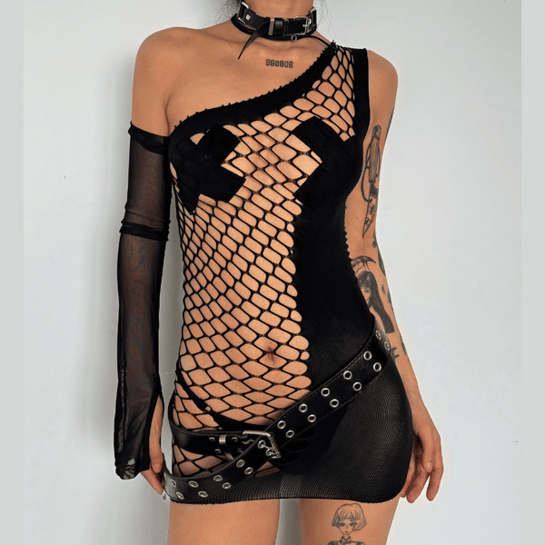 Mesh one shoulder fishnet irregular mini dress