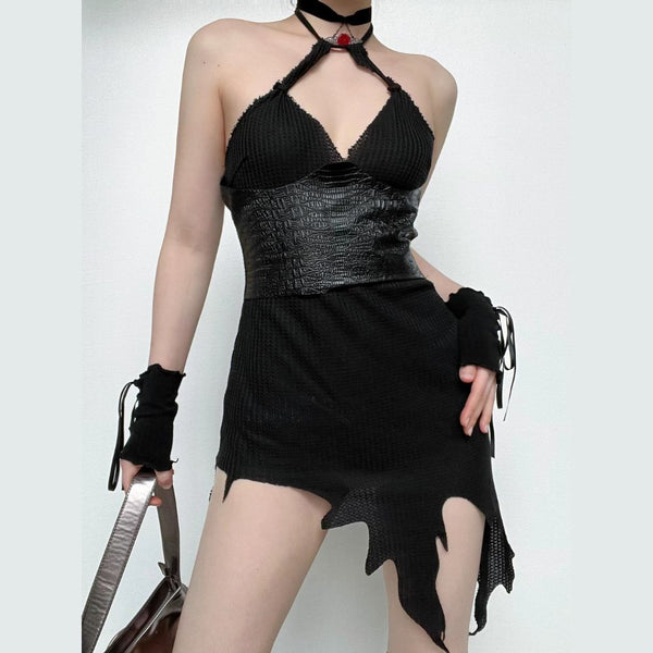 Textured patchwork PU leather irregular halter v neck mini dress