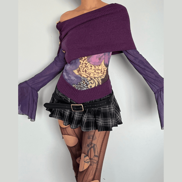 Long flared sleeve irregular mesh patchwork print top