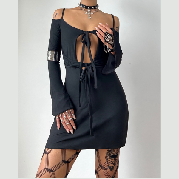 Off shoulder long flared sleeve hollow out self tie mini dress