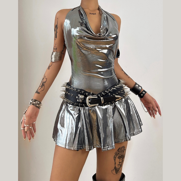 Metallic self tie halter cowl neck backless mini dress