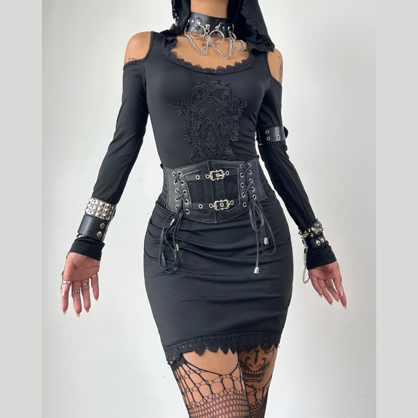 Hoodie long sleeve lace hem embroidery hollow out mini dress
