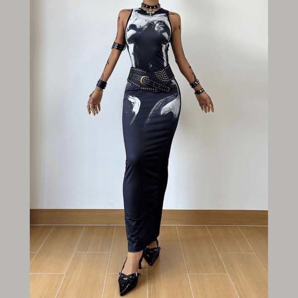 クルーネックボディプリントコントラストタンクマキシドレス