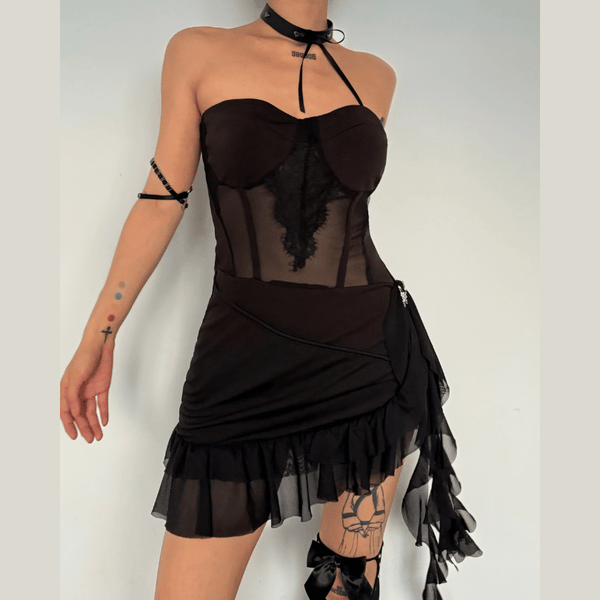 Mesh ruffle butterfly applique tube mini dress