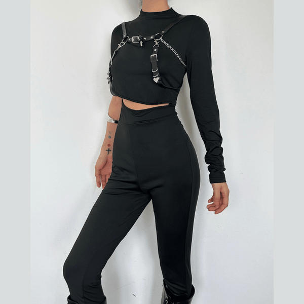 Hollow out irregular long sleeve high neck solid jumpsuit goth Emo Darkwave Fashion