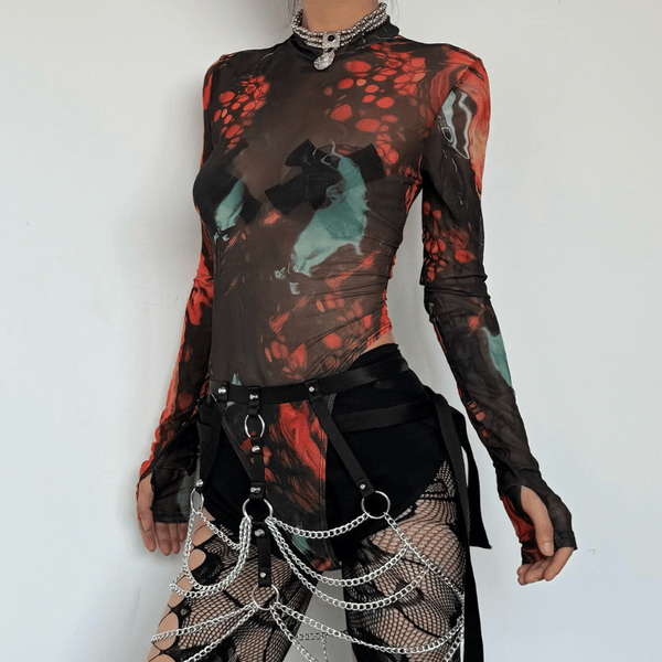 Sheer mesh long sleeve tie dye contrast gloves see through bodysuit