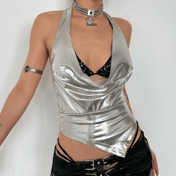 Halter metallic glitter cowl neck ruched 2 piece top