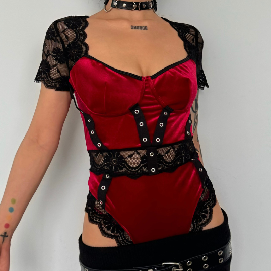 Short sleeve lace velvet patchwork bodysuit