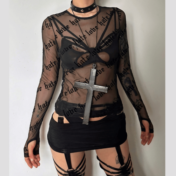 Sheer mesh "hate love" print see through solid long sleeve gloves top goth Alternative Darkwave Fashion goth Emo Darkwave Fashion