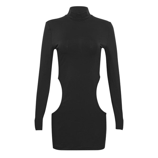 Long sleeve high neck hollow out mini dress