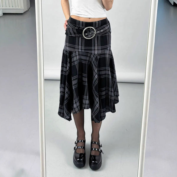 Plaid belt irregular midi skirt