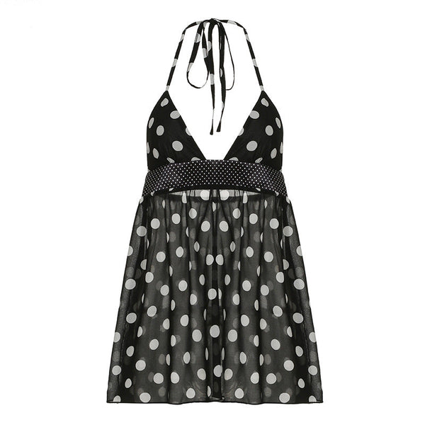 Halter v neck polka dot backless mini dress