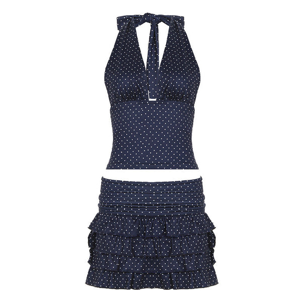 Halter v neck polka dot ruffle mini skirt set