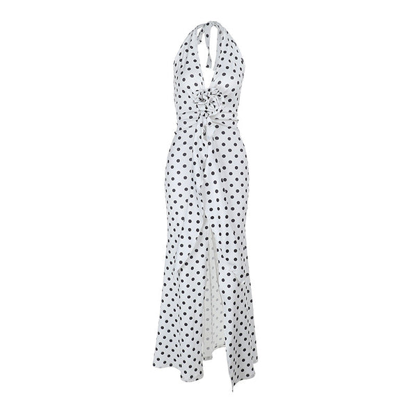 Halter v neck polka dot slit maxi dress