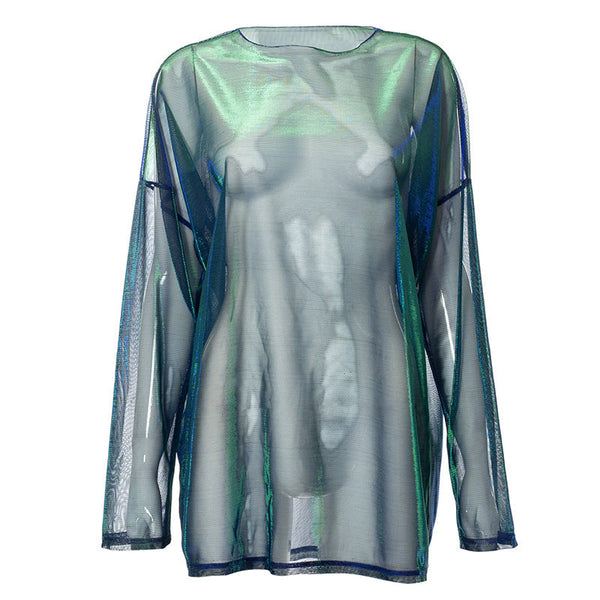 Long sleeve sheer mesh crewneck contrast top