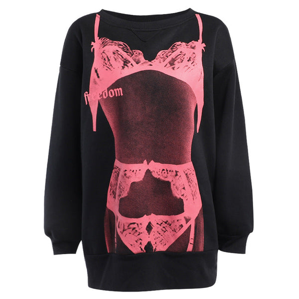 Lace up long sleeve body print contrast top