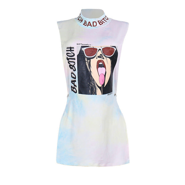 Hollow out high neck letter avatar pattern mini dress