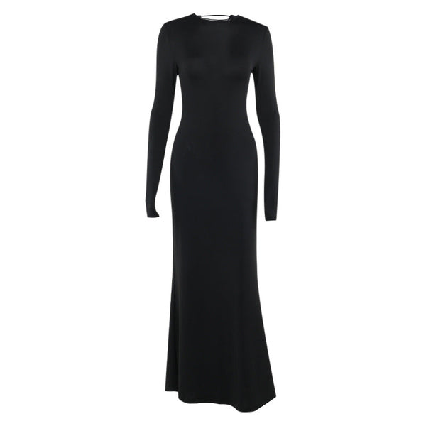 Long sleeve crewneck lace up solid maxi dress