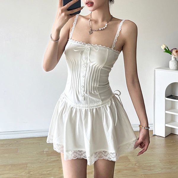 Square neck lace hem button zip-up cami mini dress