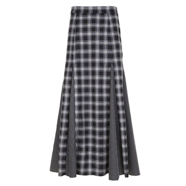 Plaid patchwork contrast zip-up maxi skirt