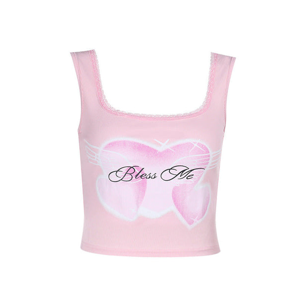 Square neck lace hem sweetheart print tank top