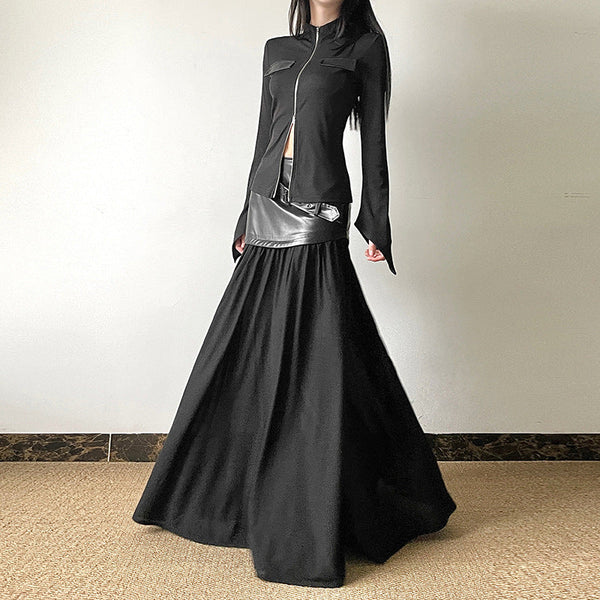 Long sleeve high neck zip-up PU leather mesh maxi skirt set