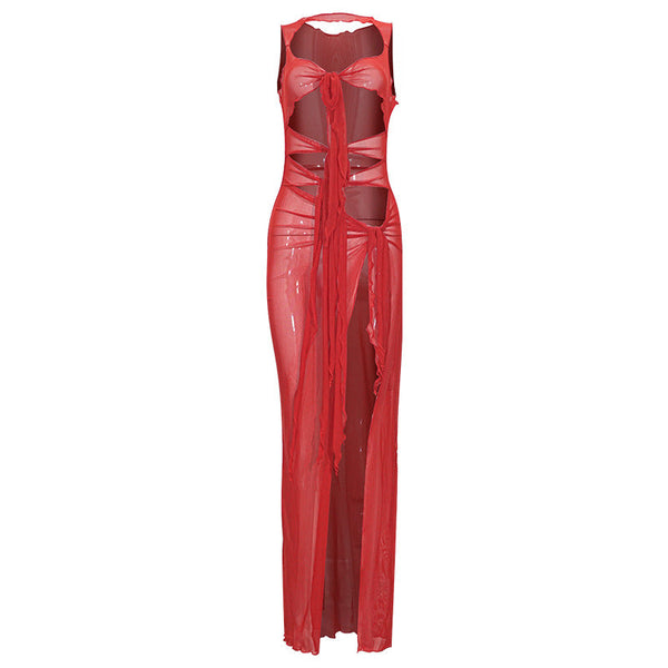 Mesh sleeveless hollow out slit knotted maxi dress