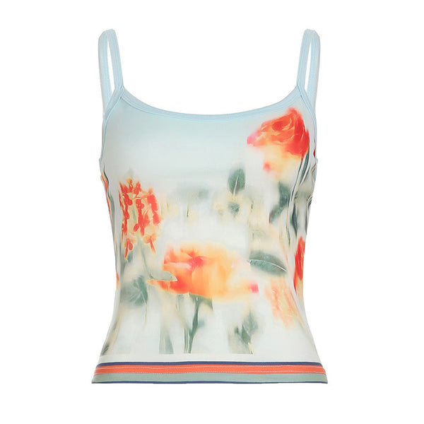 U neck flower print backless contrast cami top