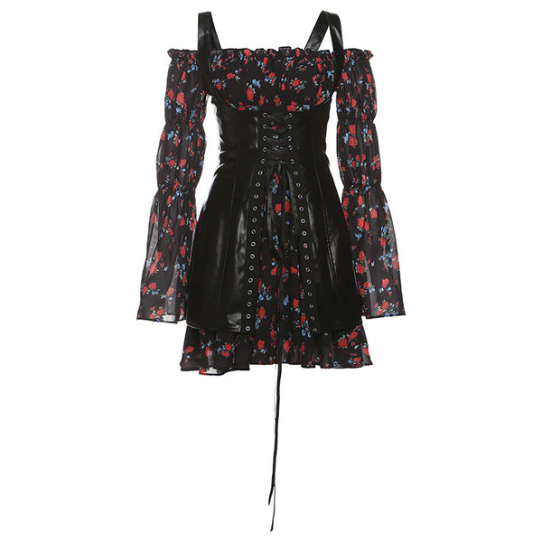 Off shoulder long sleeve flower print PU leather 2 piece mini dress