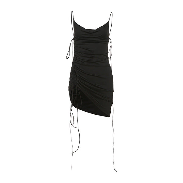 Drawstring cowl neck cami mini dress