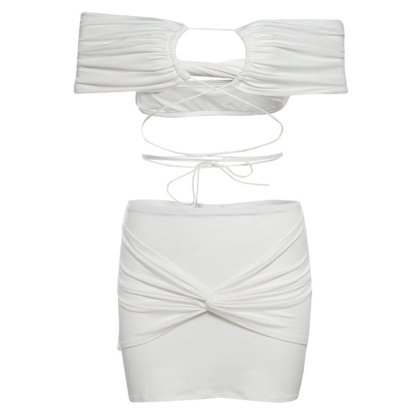 Off shoulder self tie ruched mini skirt set