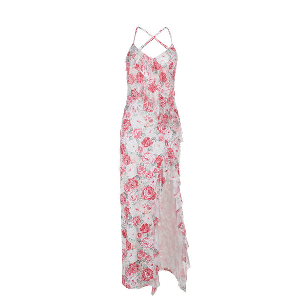 Cross back v neck slit ruffle flower print maxi dress