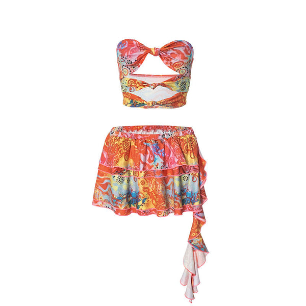 Hollow out print ruffle A line tube mini skirt set