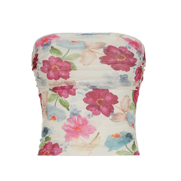 Ruched flower print backless tube top