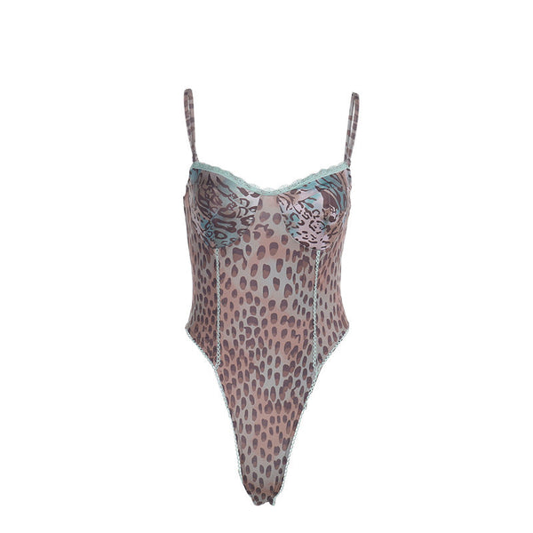 Leopard print lace hem v neck button cami bodysuit