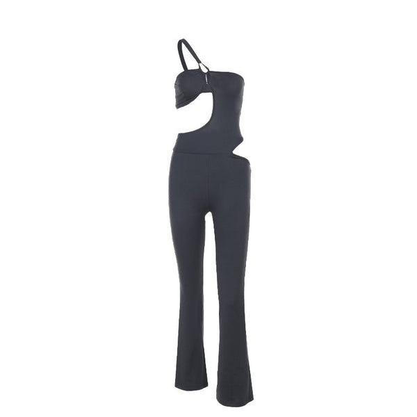 Irregular hollow out one shoulder solid jumpsuit